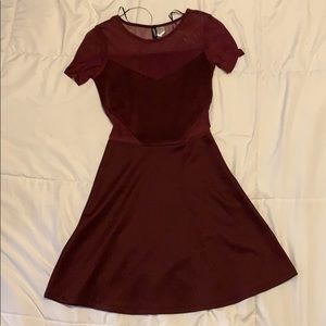 Maroon Mesh Cut-Out A-Line Dress